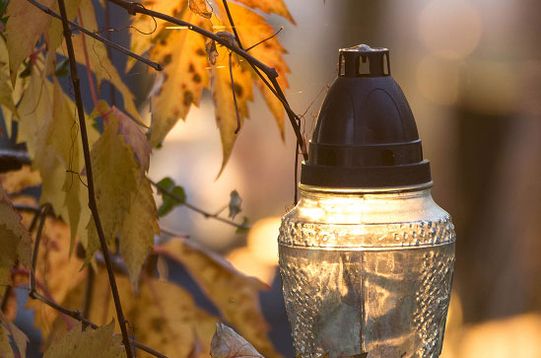 Eine Grablaterne mit gelblichen Blättern eines Baumes