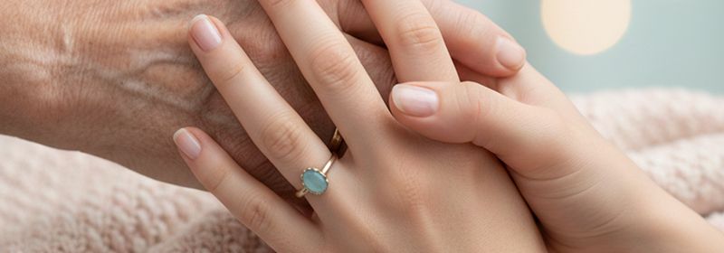 Zwei sich haltende Hände mit einem Ring im Fokus